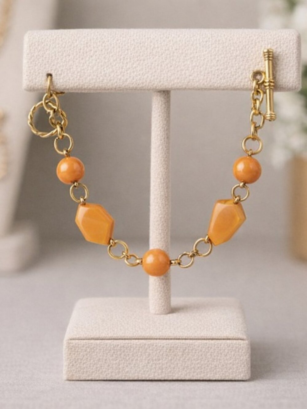 NEW Womens Goldenrod Glass Beads Chain & Acrylic Stone Lay Down Bracelet